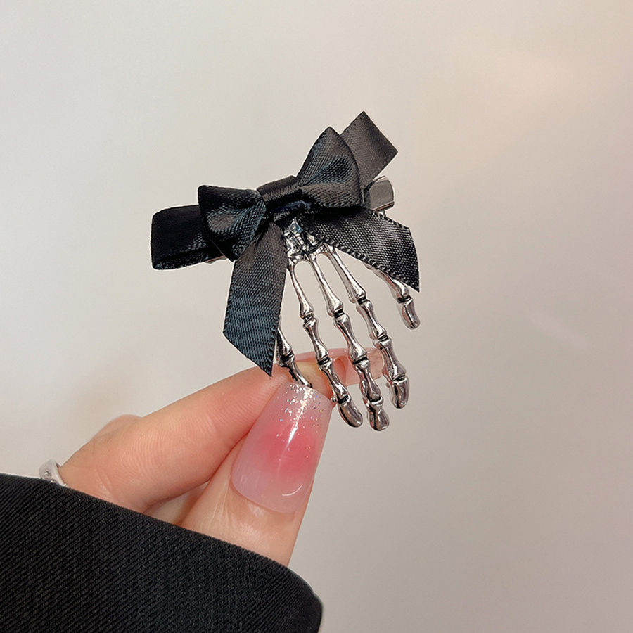 Gothic Skeleton Hand Hair Clip - Ribbon Bow Gift ulasan dan harga